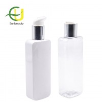 square flat shower gel clear plastic pet squeeze spray bottle 200ml bottle with silver lotion pump and disc top cap